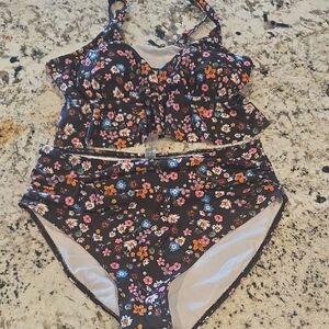 Floral Two-Piece High-Waist Swim Set - Black with Pink, Orange & Blue Flowers